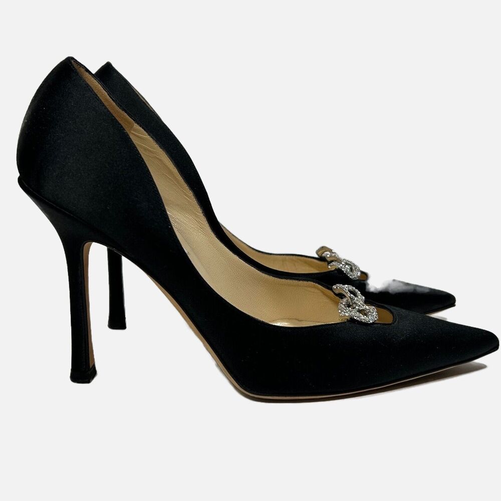 Jimmy Choo Heels Size 38.5 7.5 Black Satin Crystal Embellished Pumps Rhinestone